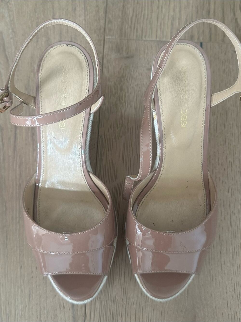 Sergio Rossi Patent Peep Toe Wedge Sandal In Off Nude 36